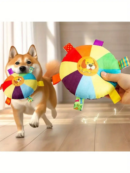 A plush, squeaky dog toy - cartoon design, no batteries required, interactive squeaky toy.